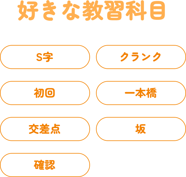 好きな教習科目（技能 or 学科）S字、クランク、初回、一本橋、交差点、坂、確認