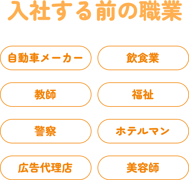 入社する前の職業 自動車メーカー、教師、警察、広告代理店、飲食業、福祉、ホテルマン、美容師