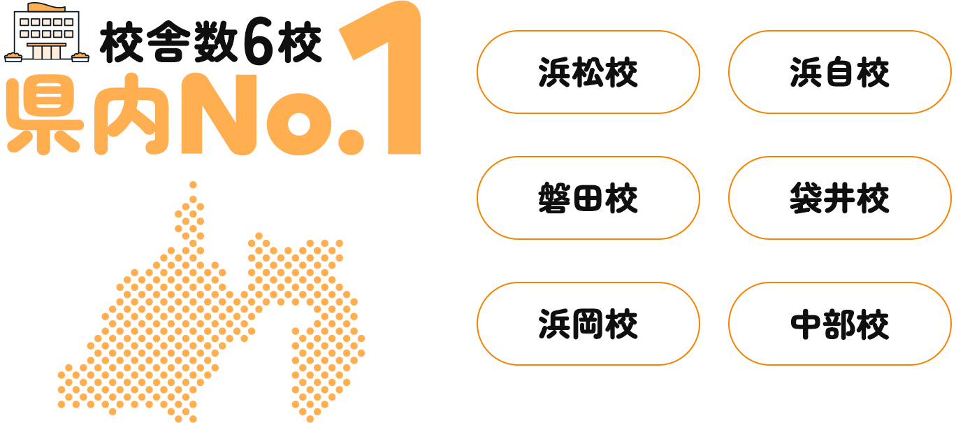 校舎数6校 県内No.1 浜松校、磐田校、浜岡校、浜自校、袋井校、中部校